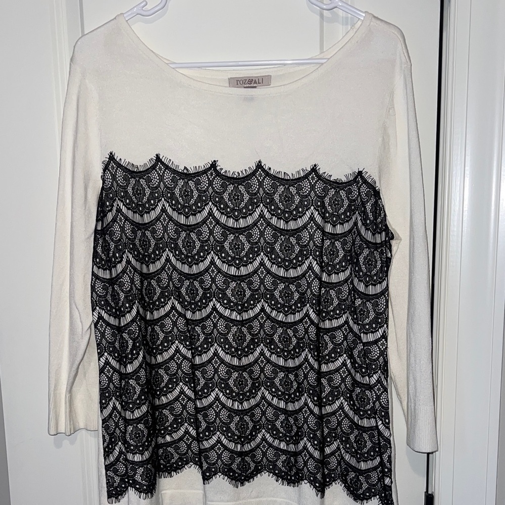Roz & Ali White Blouse w Black Lace Overlay Detail Light Sweater Top size XL